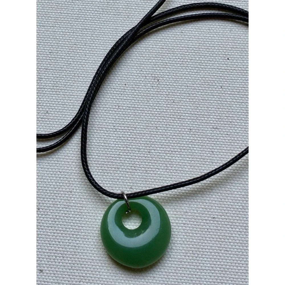 Green Donut Pendant Necklace Black Adjustable Cord Faux Jade Pi Disc Boho Y2K